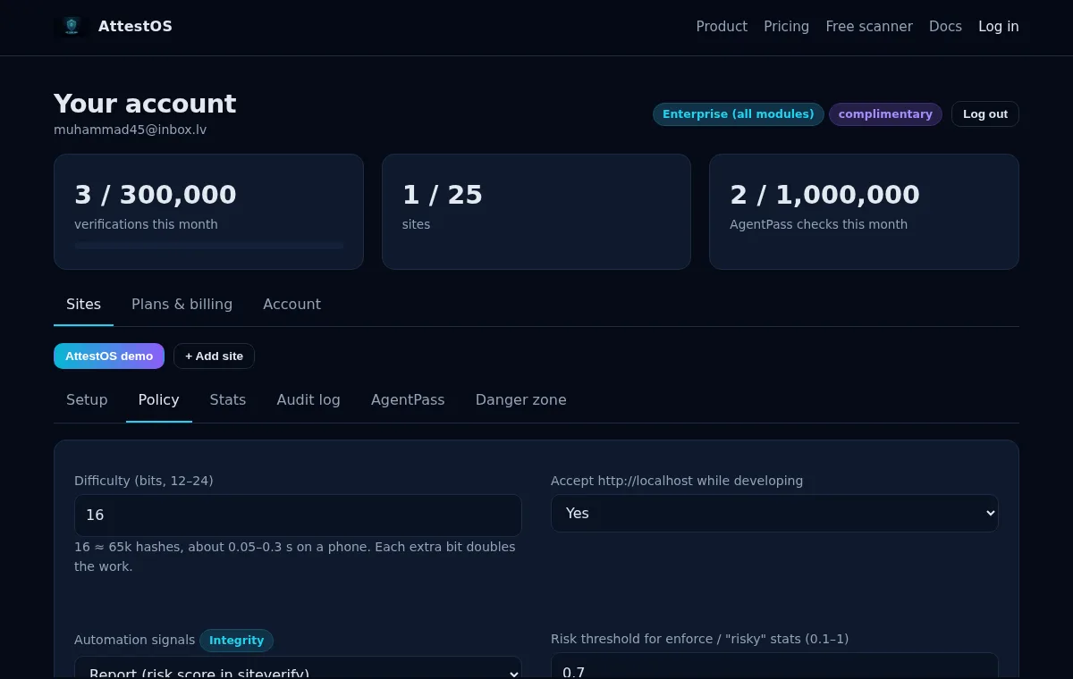 Screenshot of the AttestOS portal Policy tab