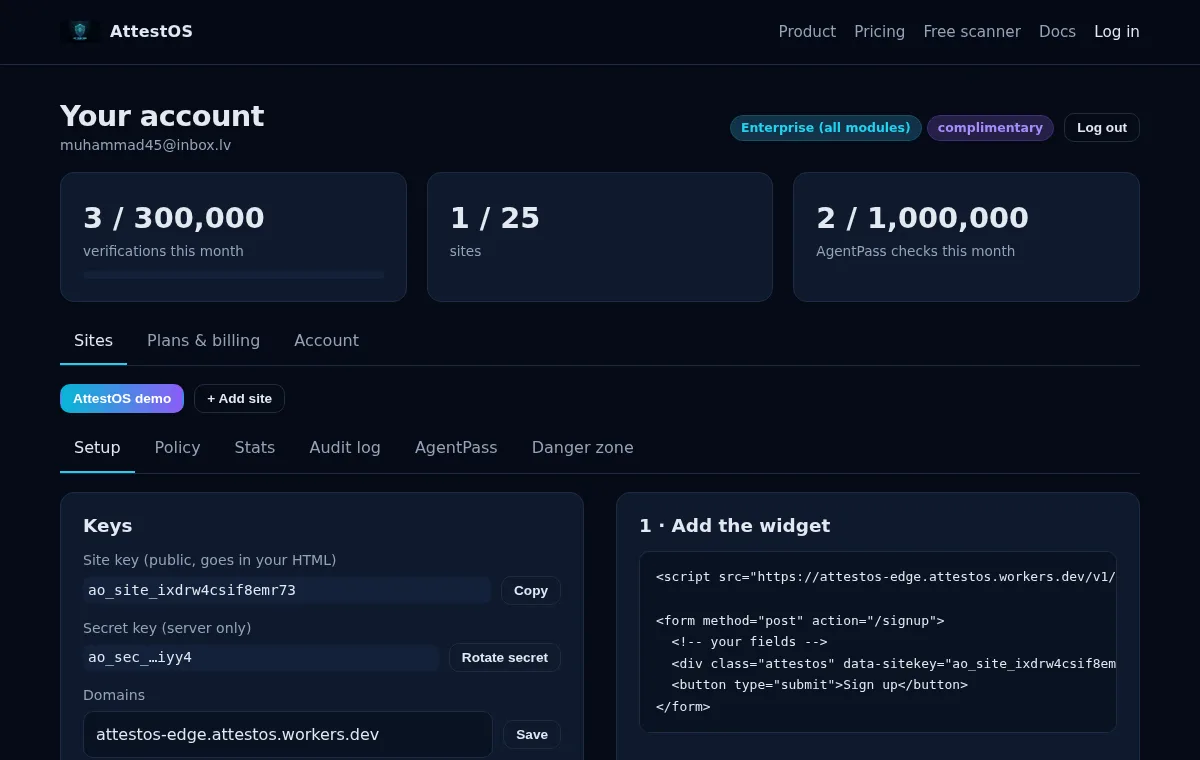 Screenshot of the AttestOS portal Setup tab showing the site key, secret key, domains and the HTML snippet